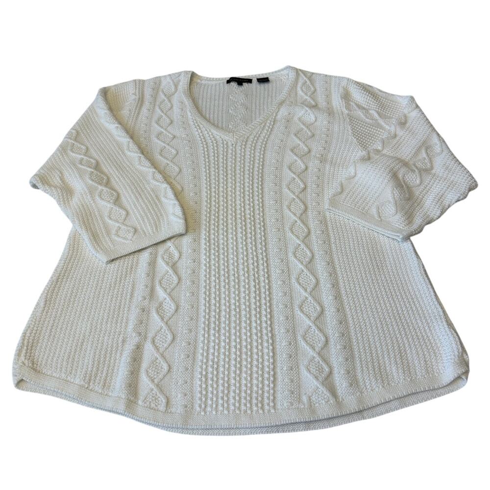 Jeanne Pierre Women's Cable Knit Sweater V Neck Size XL White 3/4 Sleeve Cotton